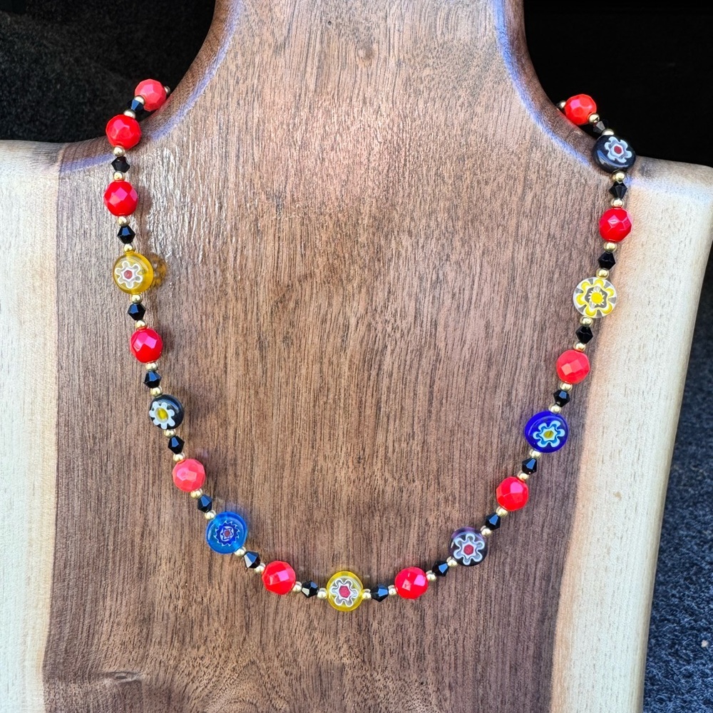 Handmade Millefiori and Faceted Red Glass Beaded Necklace